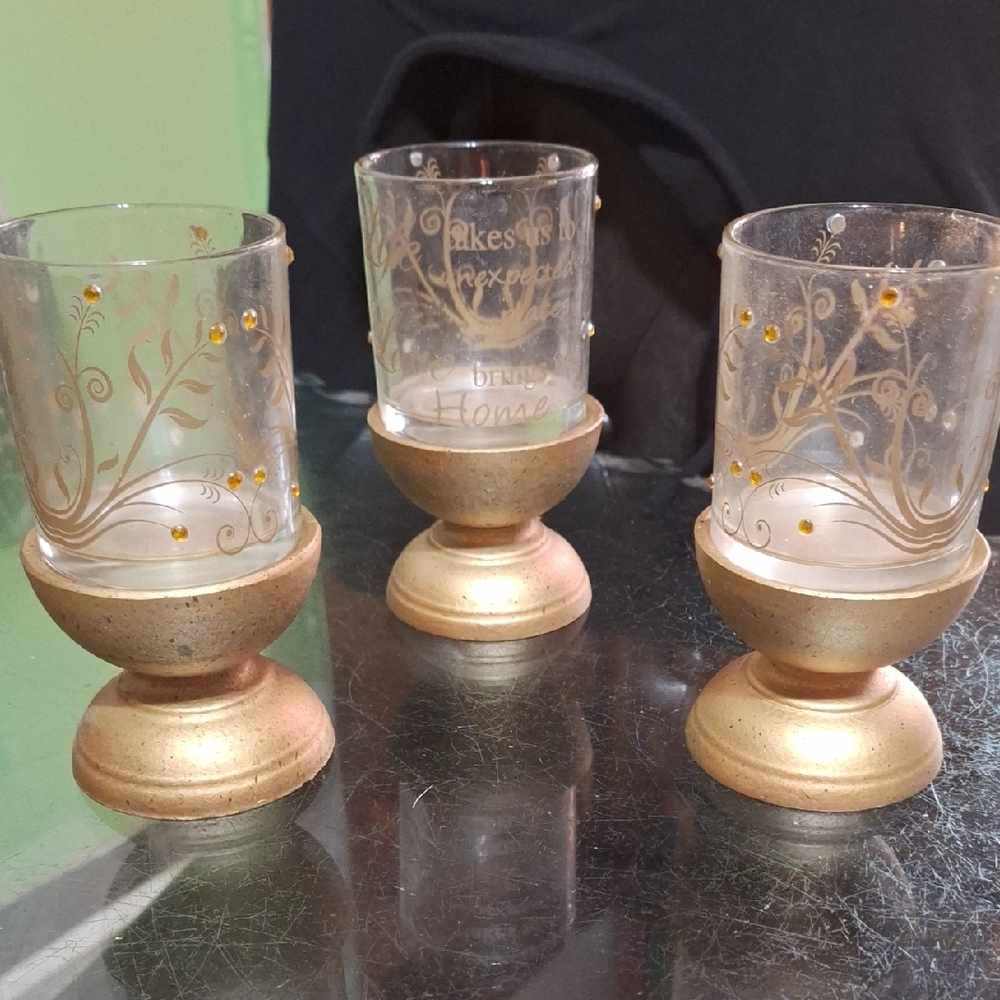 Gold Floral Glass Votive Holders - Set of 3